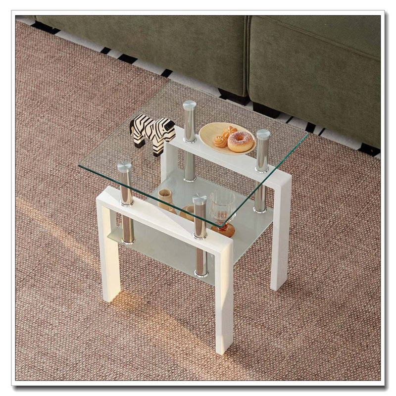 Table de bout en verre trempé transparent, petite table avec rangement 2 couches