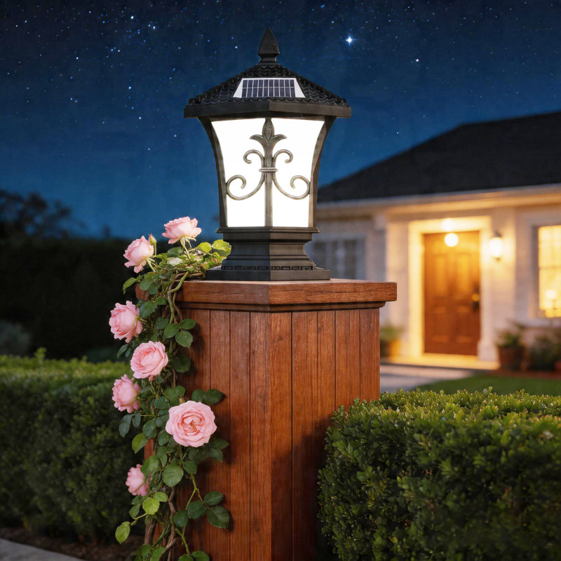 Luminaire de jardin européen noir à énergie solaire intégré et étanche avec support pour pilier et télécommande