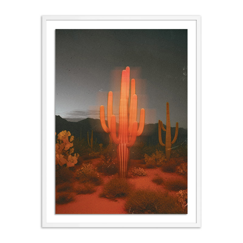 Glowing Saguaro Print by Coup D'Esprit, Yes, 48" H x 36" W x 2.5" D, White Picture Framed
