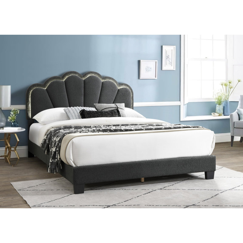 Grand lit plateforme en tissu de laine gris anthracite avec tête de lit à DEL