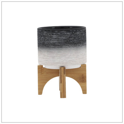 CERAMIC 5" PLANTER ON WOODEN STAND, GRAY