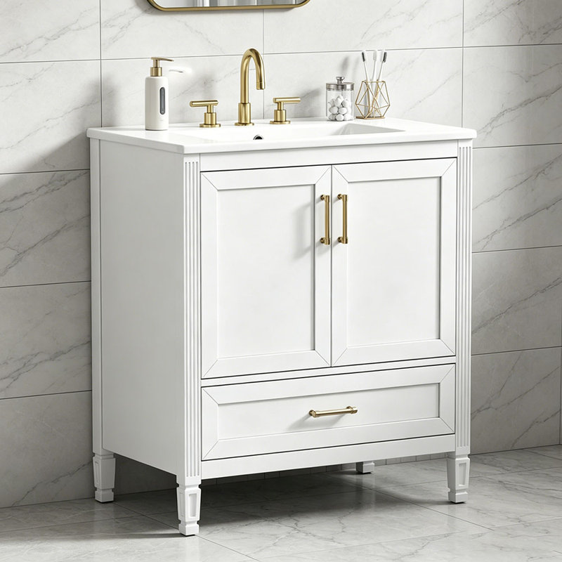 Meuble-lavabo cannelé élégant de 30 po avec lavabo en céramique, boîte simple, pieds en bois massif, portes et tiroir à fermeture en douceur, tablette de porte