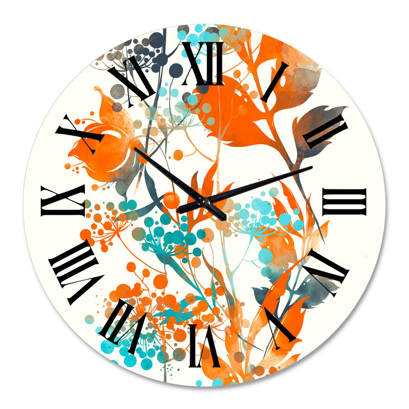 Horloge murale verte et orange Wildflowers III, Grand