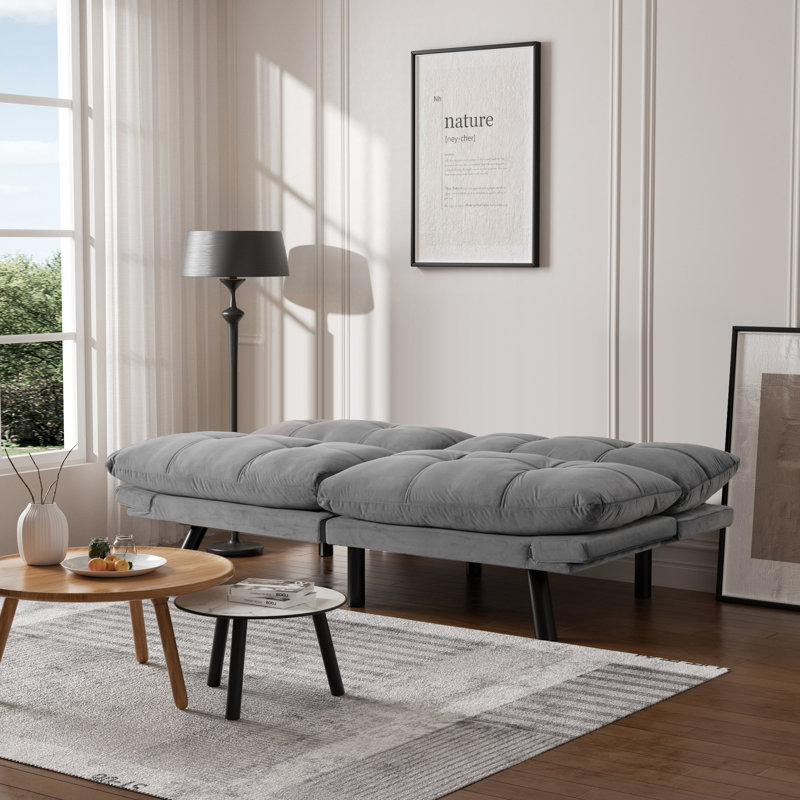 70.9" Upholstered Convertible Reclining Futon Sofa Bed with Adjustable Armrests, Gray Velvet