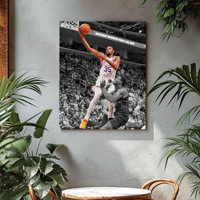 NBA Canvas Wall Art Decor - Kevin Durant Action Shot Dunk In Phoenix Suns Jersey, Signature Edition For Basketball Fans, Sports-Themed Wall Decor For Living Room, Bedroom Or Game Room 12X16