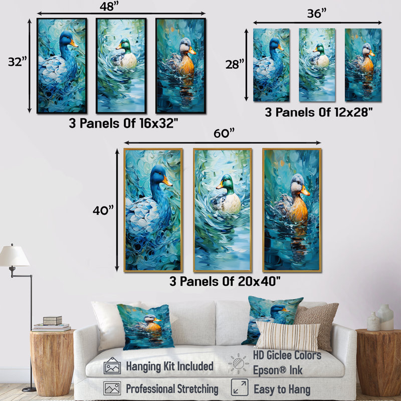 «Duck Abstract Ripples I», ensemble de 4 reproductions d'art mural, Cadre flottant noir, H 28 po x l 36 po