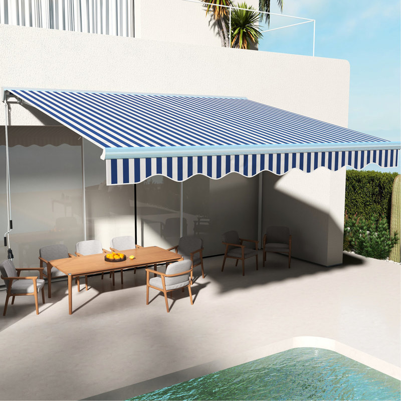 Auvent de jardin électrique rétractable 13 pi x 10 pi avec lumières à DEL, pare-soleil UV40 +, bleu et blanc pour la protection du balcon, rétractable, bleu