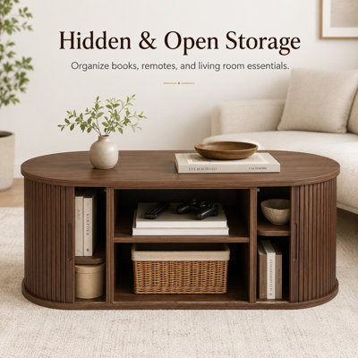 55 Inch Premium Coffee Table With Storage, Oval Design With Compartmentalized Storage. Dual-purpose Living Room Cabinet With Open And Hidden Storage Spaces, Perfect For Living Room, Lounge And Office Area.