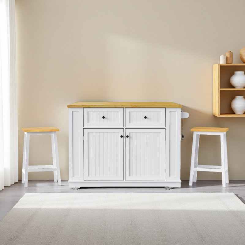 48Inch Large Kitchen Island With 2 Bar Stools, Power Outlet, Door Internal Storage Rack, Kitchen Storage Cart On 5 Wheels With Drop Leaf, 5 Open Side Racks, 2 Drawers