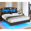 Base de lit flottante avec tête de lit cachée, base de lit à DEL flottante avec station de charge, lit plateforme tapissier en cuir avec rangement-1402784281