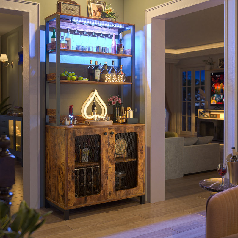Parina 66.9''tall Modern Wine Cabinet Bar Cabinet with Wine Glasses Rack and Led Strip, Walnut