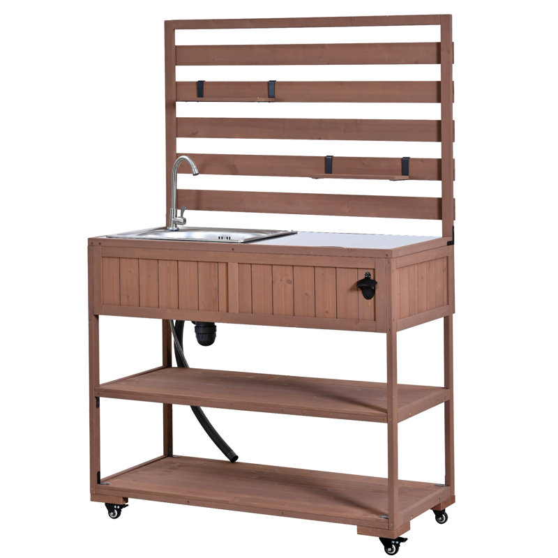 41.7'' Large Patio Rolling Kitchen Island Solid Wood Kitchen Cart With Sink, Garden Potting Bench With Stainless Table Top, 2 Movable Shelves And 1 Bottle Opener