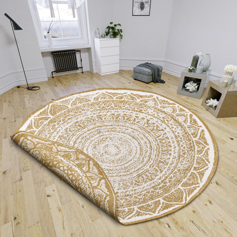 Reversible Flatweave Ocher/Off White Rug, Round 140cm