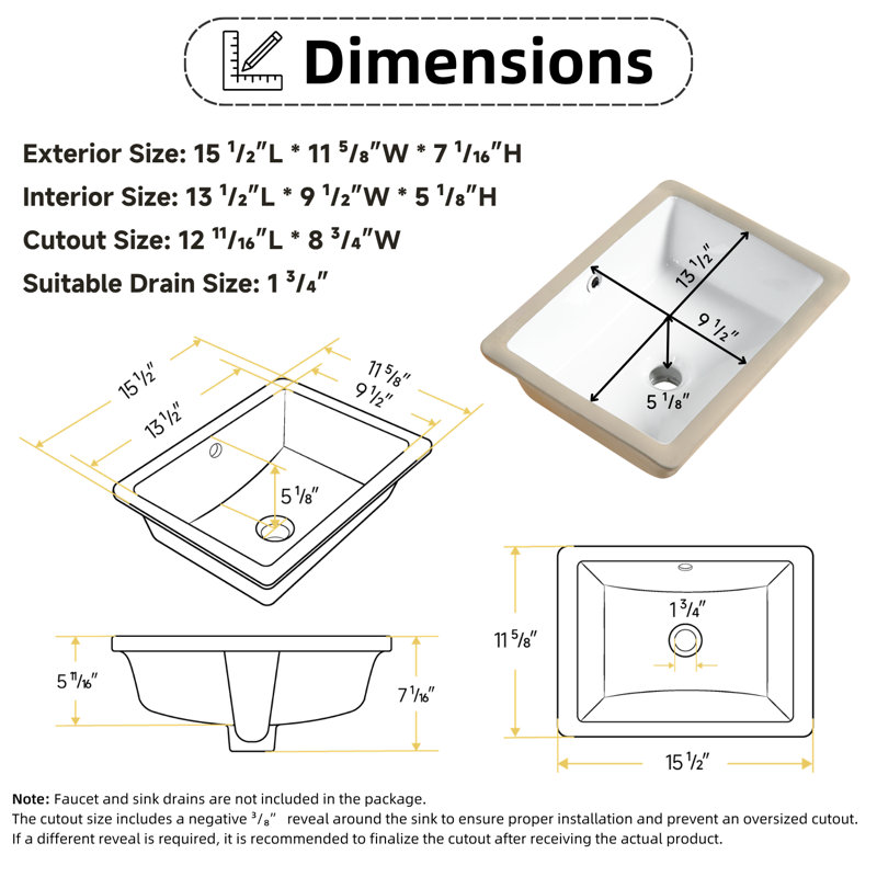 Lavabo de salle de bain encastrable blanc avec trop-plein 15,5 "x 12" Los Flexi pour petite salle de bain, Débordement avant