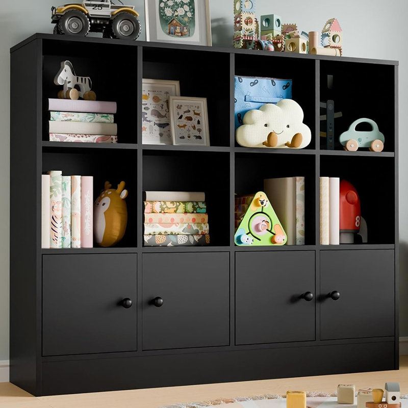 Bibliothèque de rangement à 12 cubes en bois noir, armoire à 3 niveaux avec portes, tablettes réglables