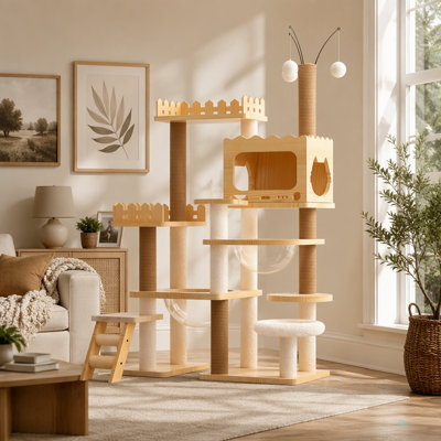 Tour à chat moderne de 66,9 po, tour d'arbre à chat en bois pour chats d'intérieur, arbre à chat avec poteaux à griffes recouverts de sisal et perchoir supérieur, maisonnette pour chat avec hamac en acrylique pour les foyers multi-chats