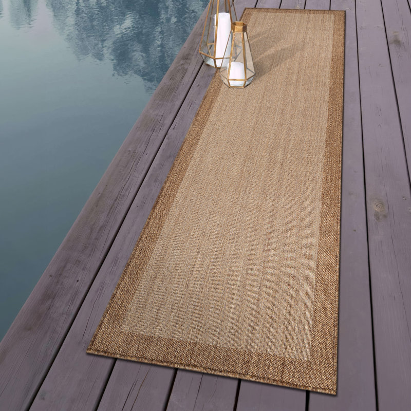 Geometric Border Sand/Natural Easy-Care Jute-Style Indoor/Outdoor Flat Woven Area Rug, Sand, Runner 2'3" x 8'