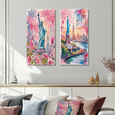 Pink New York Statue Of Liberty Horizon I - City New York Wall Art 2 Pieces Set