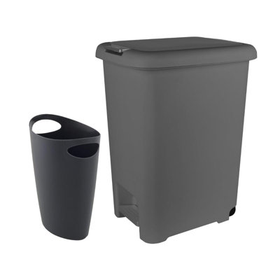 Superio 10L and 45L Slim Step & Push Trash Cans - 2 Pack, Dual Opening, Space-Saving Design, Durable Plastic - Gray
