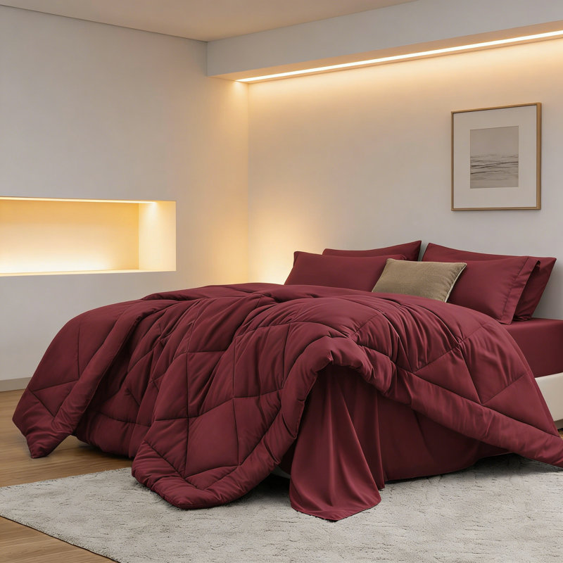 7 Piece Full Bed In A Bag Comforter Set Burgundy, Red Abstract
