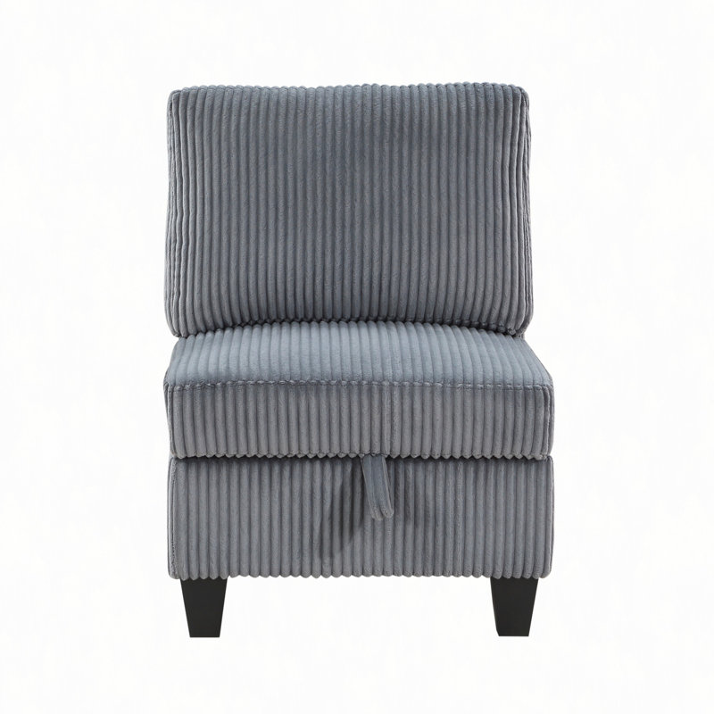 Chaise moderne sans accoudoirs avec rangement caché et tissu velours côtelé, parfaite pour les sièges polyvalents et élégants.