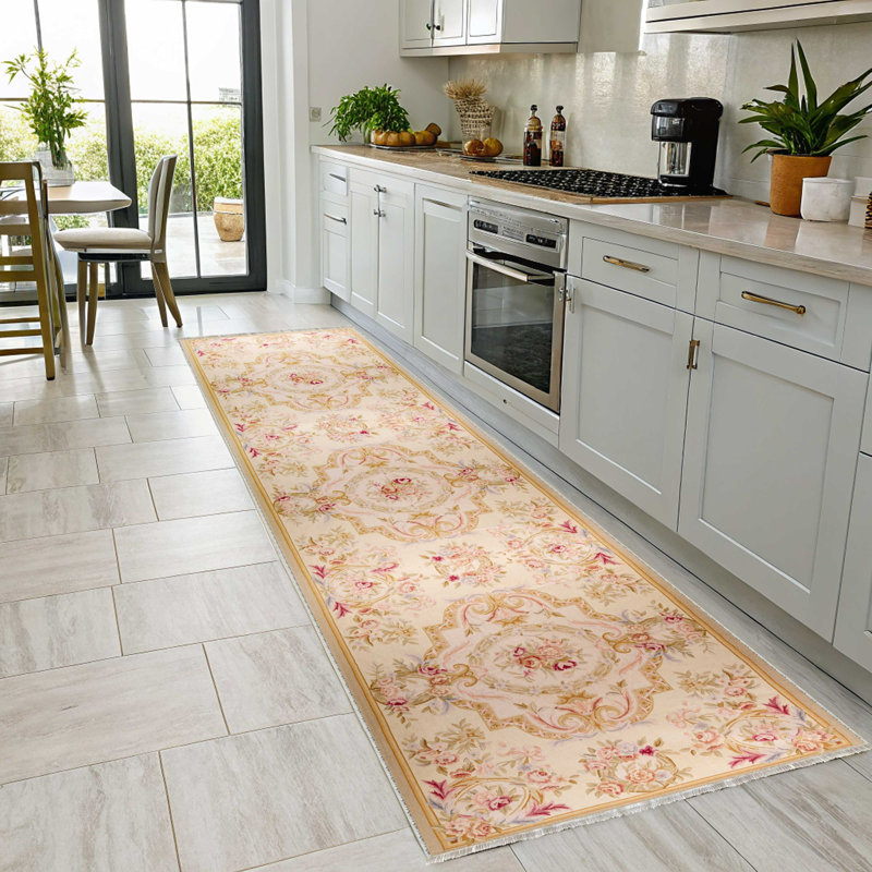 Chenille en coton crème multicolore à motif floral antidérapant kilim, Rectangle 3 pi 4 po x 9 pi 11 po