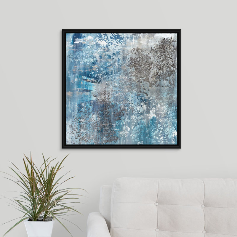 «Water and Stone», peinture sur toile, H 25,7 po x l 25,7 po x P 1,75 po, Cadre flottant noir