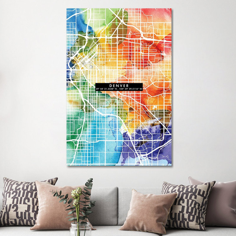 Denver City Map Colourful 1 Piece Wrapped Canvas Painting, 152.5 cm H x 101.5 cm W