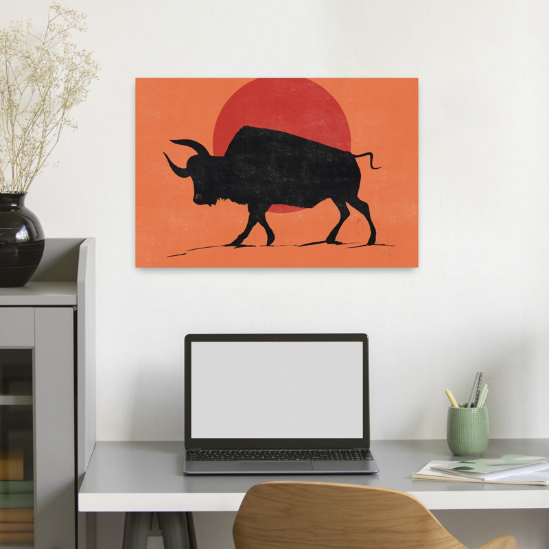 «Black Bull Sunset», impression abstraite minimaliste audacieuse, bison bull, paysage, nature, 16" H x 24" W