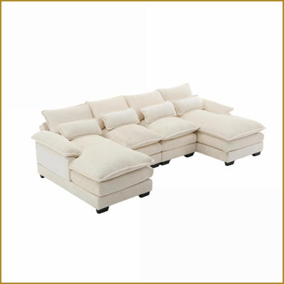 Grand canapé modulaire en U en chenille de 110 po Modern - Canapé modulaire durable pour le salon | Boucle | Dossier rembourré | Beige