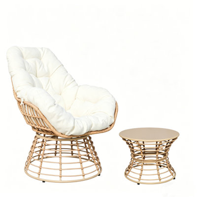 Ensemble de chaises pivotantes d'extérieur 2 pièces avec table d'appoint, méridienne en osier à 360 ° avec coussin, ensemble de conversation toutes saisons pour porche de jardin