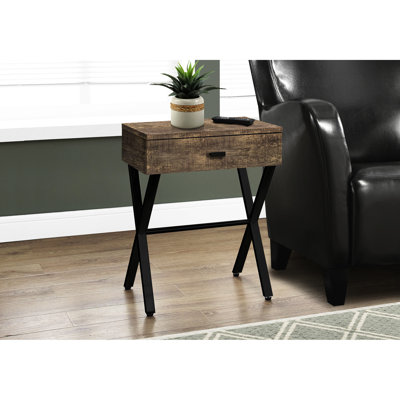 Élégante table d'appoint avec stratifié brun et métal noir, idéale pour le décor de la chambre à coucher avec tiroir de rangement et salon