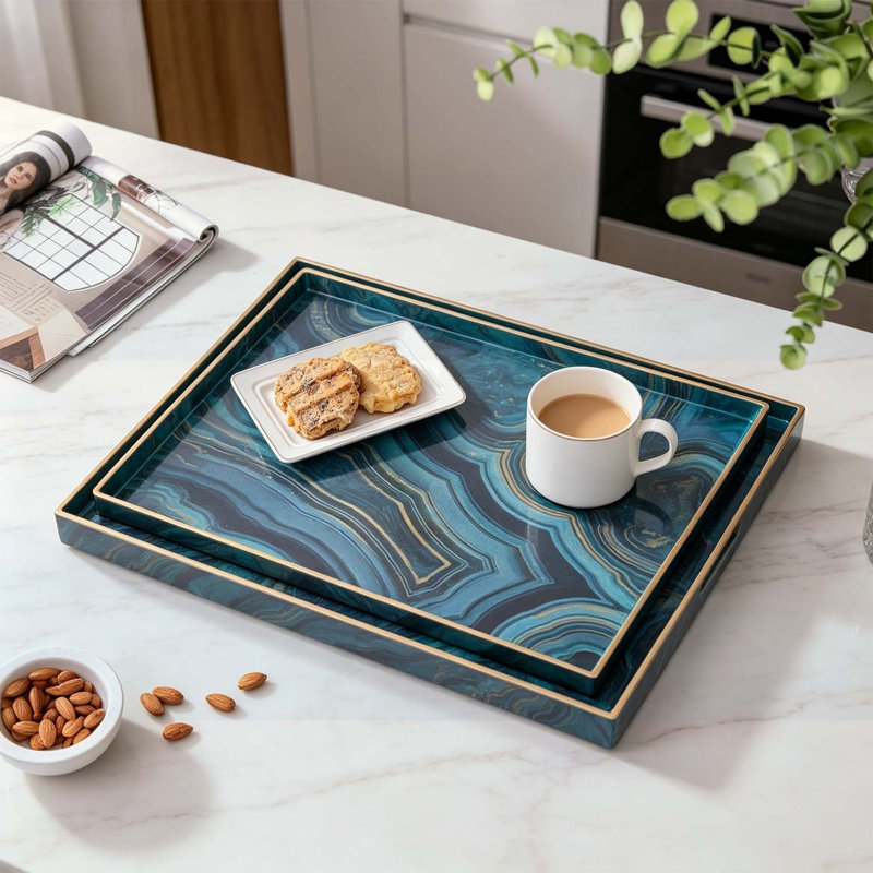 S/2 Blue Marbled Rectangular Trays with Cut-Out Handles for Elegant Serving and Organizing