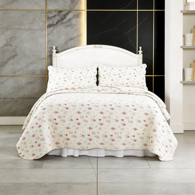 King Cotton Pink Rose Garden Floral Reversible Quilt Set - Ivory Rose