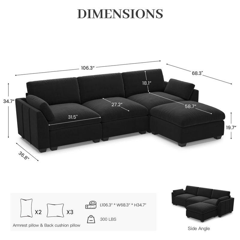 Canapé modulaire en velours côtelé en velours côtelé Velours & Plush, Velours noir