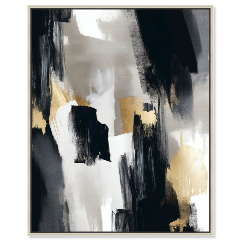 Art abstrait moderne noir et blanc, "perdu entre toile" par Art Remedy, Cadre argenté, H 46 po x l 37 po