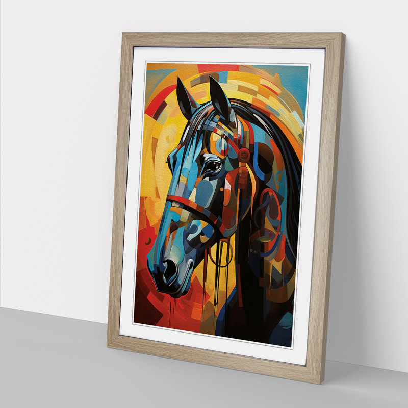 Horse Modern - Single Picture Frame Print on Wood, 64cm H x 46cm W x 2cm D, Oak Framed