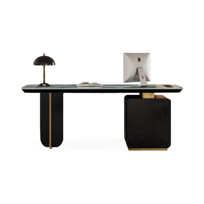 Black + Gold Rectangular Sintered Stone + Manufactured Wood + Stainless Steel with 3 drawers desk