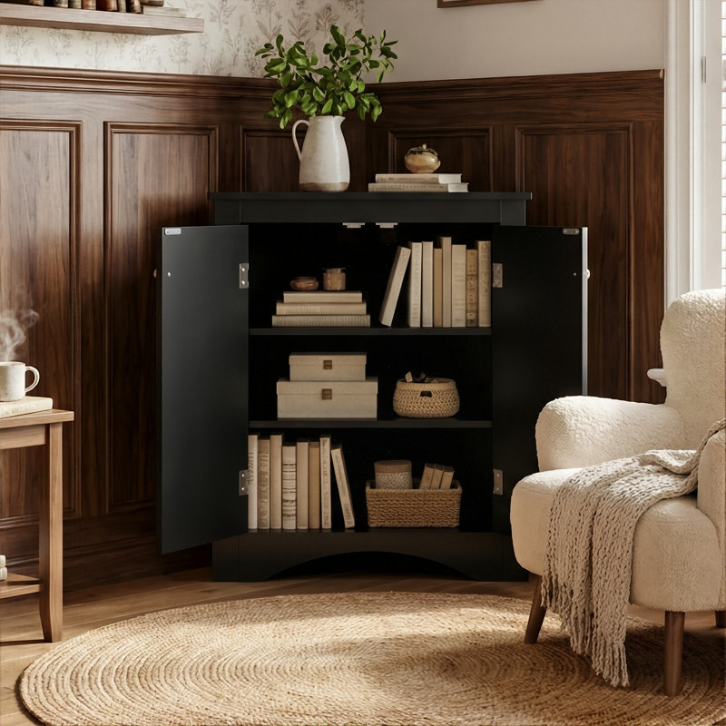 Modern Waterproof Corner Storage Cabinet, Sturdy MDF Triangle Floor Cabinet With Doors For Bathroom & Kitchen, Black