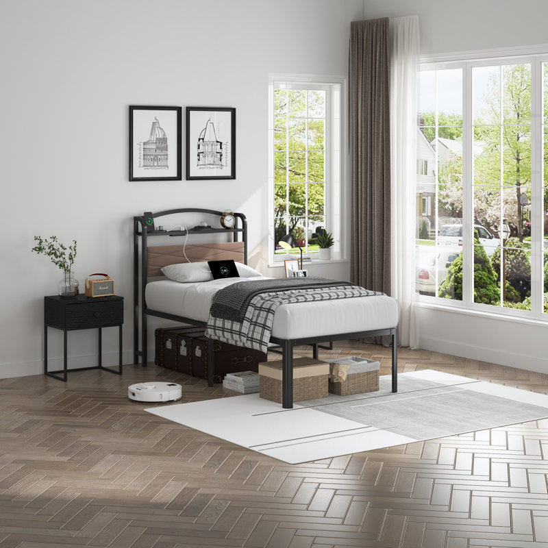 Upholstered Bed Frame With Storage Headboard, Charging Station, Galaxy Aurora Projector, Twin