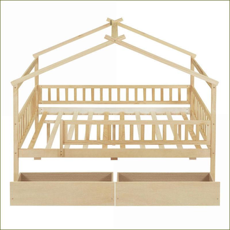 Lit plateforme avec rangement en bois de pin massif pleine grandeur avec 2 tiroirs, sans sommier tapissier, naturel, Naturel