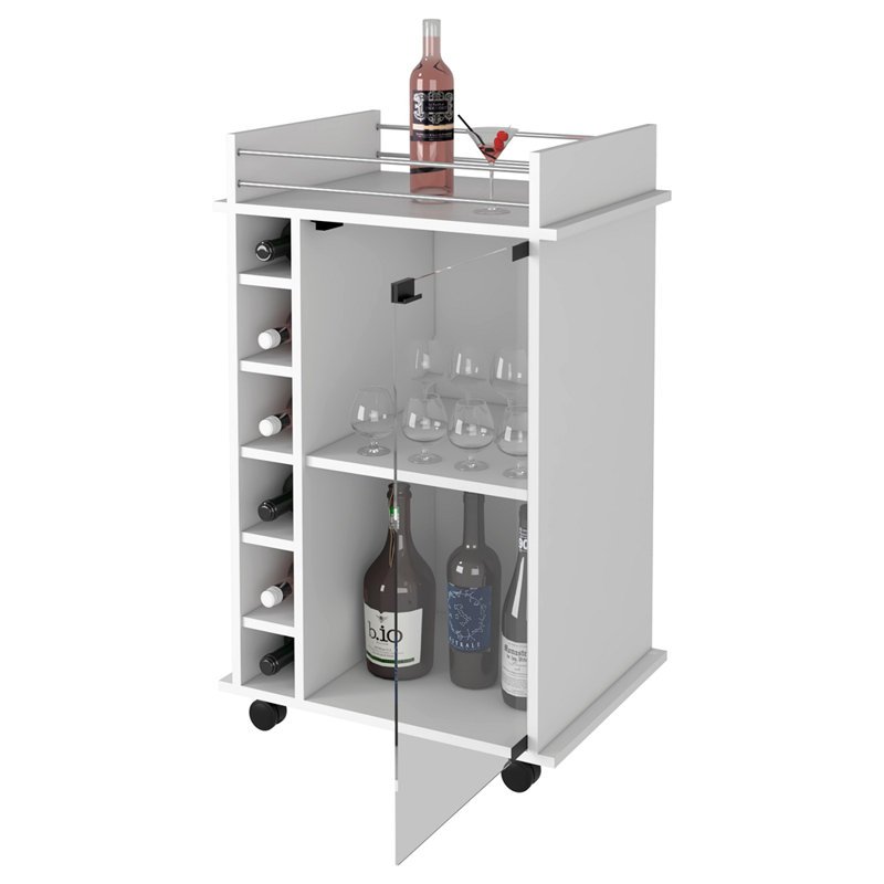 Bar Cart, Two Tier Cabinet With Glass Door, Six Cubbies For Liquor, White
