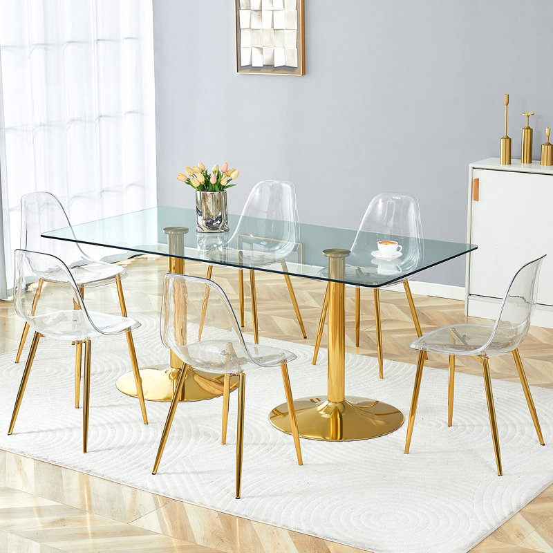 Ensemble de table et de chaises 7 pièces, table de salle à manger en verre trempé et 6 chaises en plastique transparent, Doré