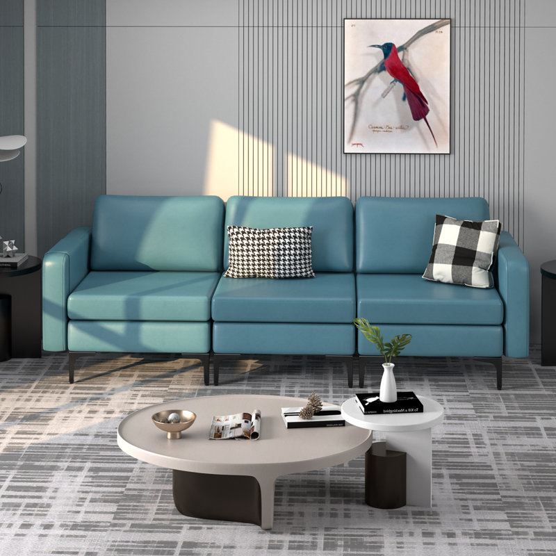 Daleth 94.5'' Faux Leather Sofa, Blue Faux Leather