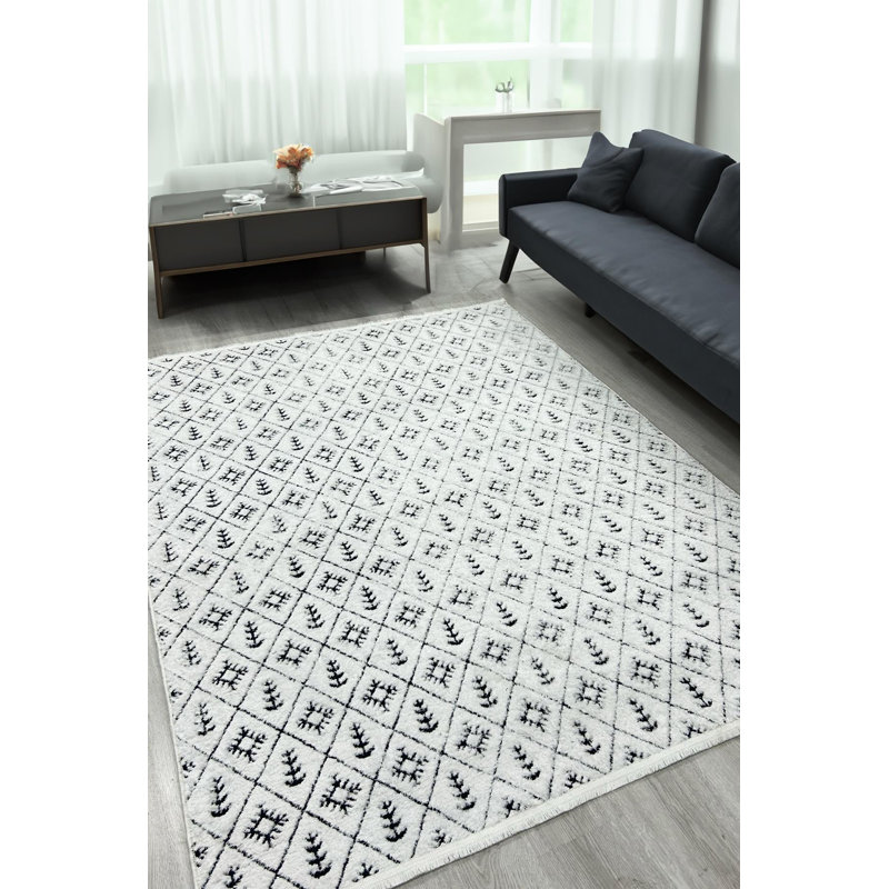 Traequan White Moroccan Machine Made Cotton Polyester Non-Slip Area Rug, Tapis de couloir 6 pi 6 po x 21 pi 3 po