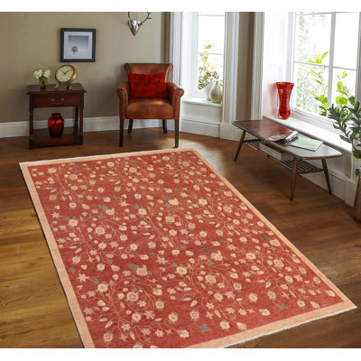 Tapis bourgogne / beige en laine noué à la main à motif floral 8 pi 2 po x 9 pi 11 po Fabiola