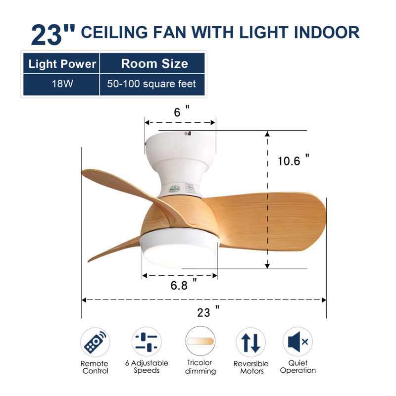 Mini ventilateur de plafond à DEL de 23 pouces avec télécommande - moteur à courant continu silencieux, 3 pales en ABS, lumière DEL à 3 couleurs - idéal pour la chambre à coucher, les petites pièces