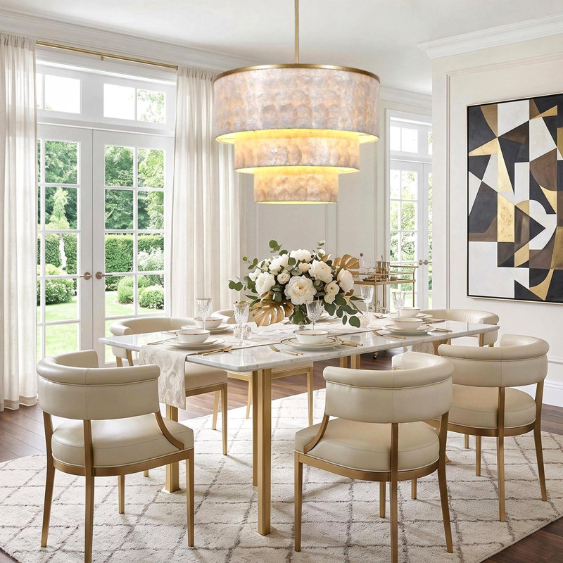 22" 5-Light Tiered Capiz Shell Drum Chandelier, H 16 po x l 22 po x P 22 po, 2 niveaux, Antique Gold