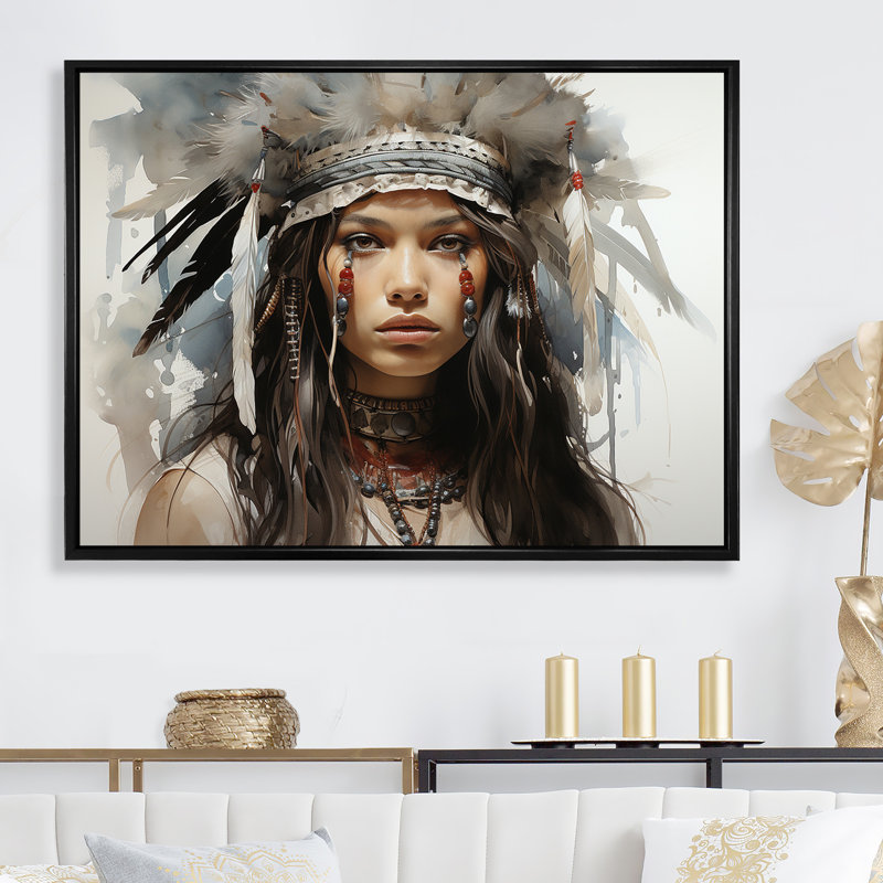 Native Sioux Woman Portrait - Art mural américain encadré, Cadre flottant noir, H 24 po x l 32 po x P 1 po