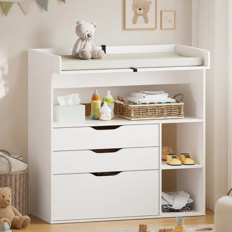 Commode à langer blanche, 3 tiroirs et 3 tablettes de rangement, station à couches en bois